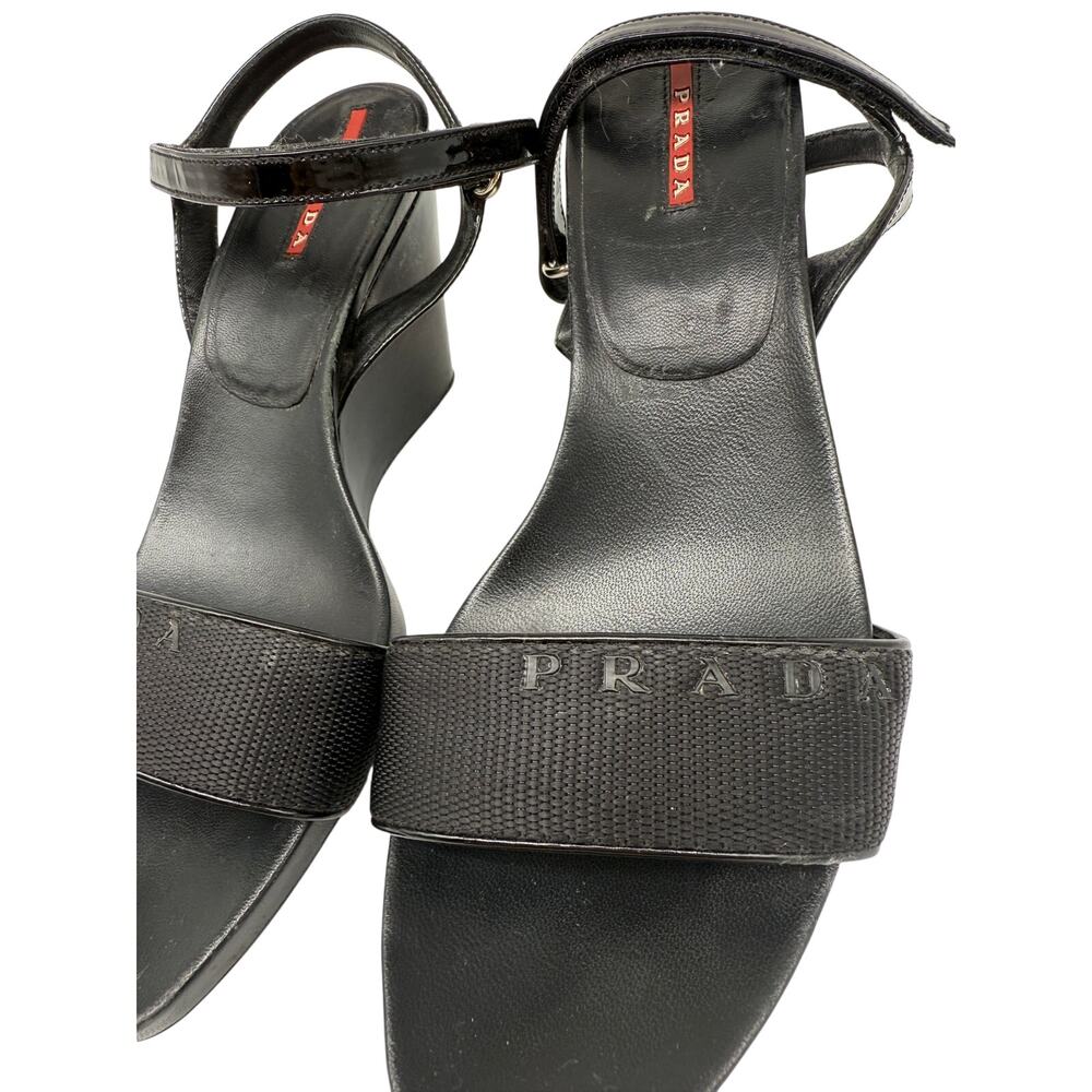 Prada Patent Leather Open Toe Ankle Strap Wedge Sandals Black Women's Size 36 - Picture 5 of 10